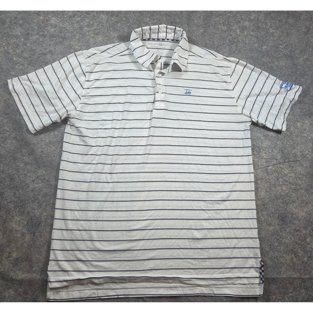 Bald Head Blues Mens Large White Navy Striped Pima Cotton Stretch Polo Shirt